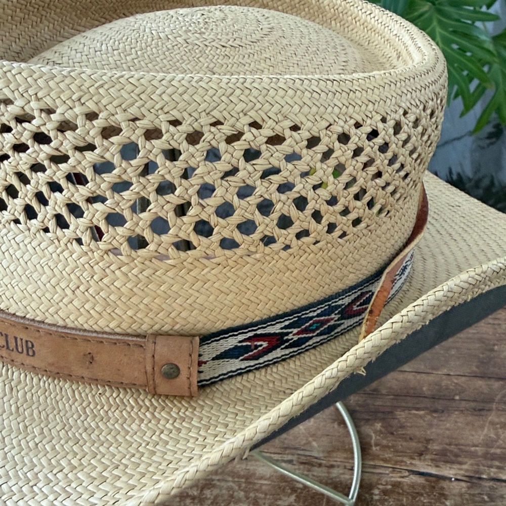 Vintage Carlton Oaks Country Club Straw Cowboy Hat Aztec Leather Band Ties - M/L - Picture 3 of 10